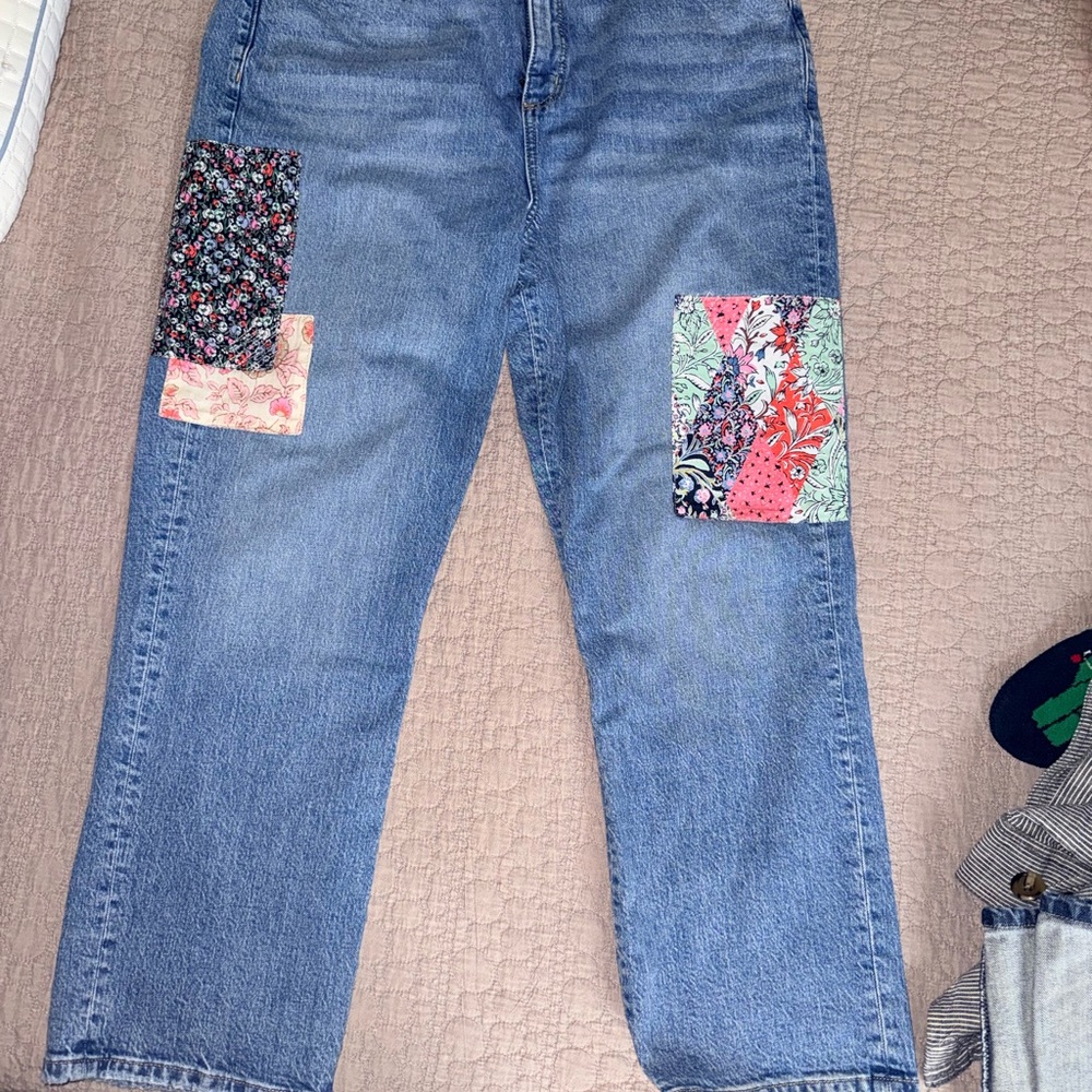 LOFT Blue Straight Leg Jeans with Floral Patches